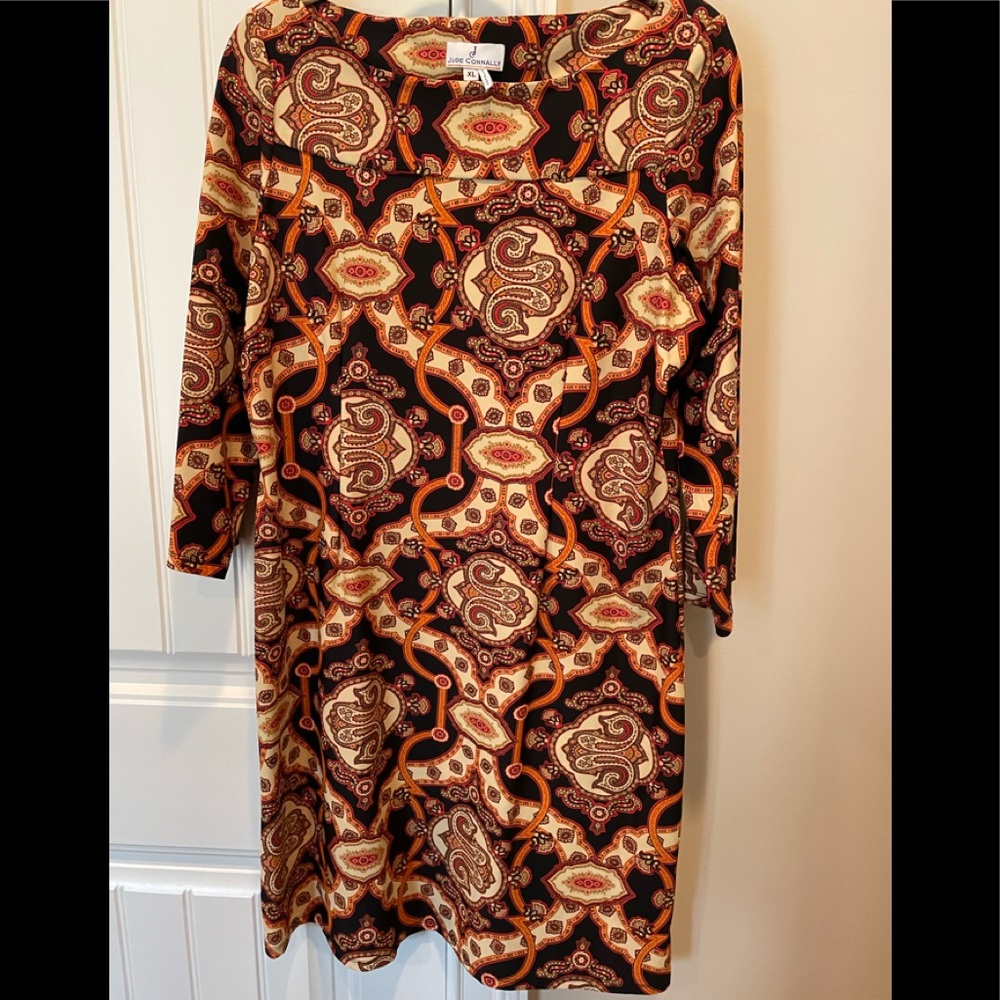 Jude Connolly Dress XL Black Orange Tan Print